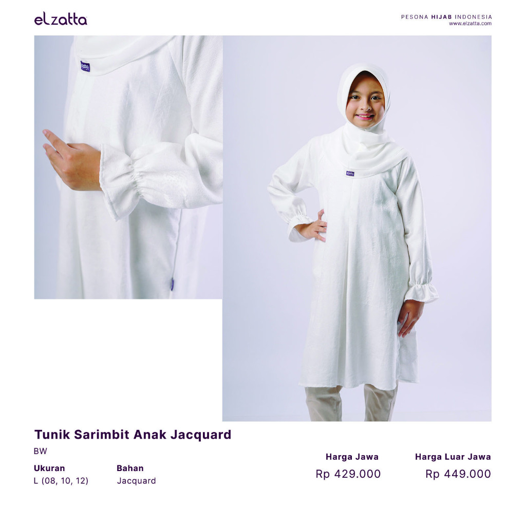 Tunik Anak Jacquard Elzatta Putih - Baju Muslim Anak Perempuan
