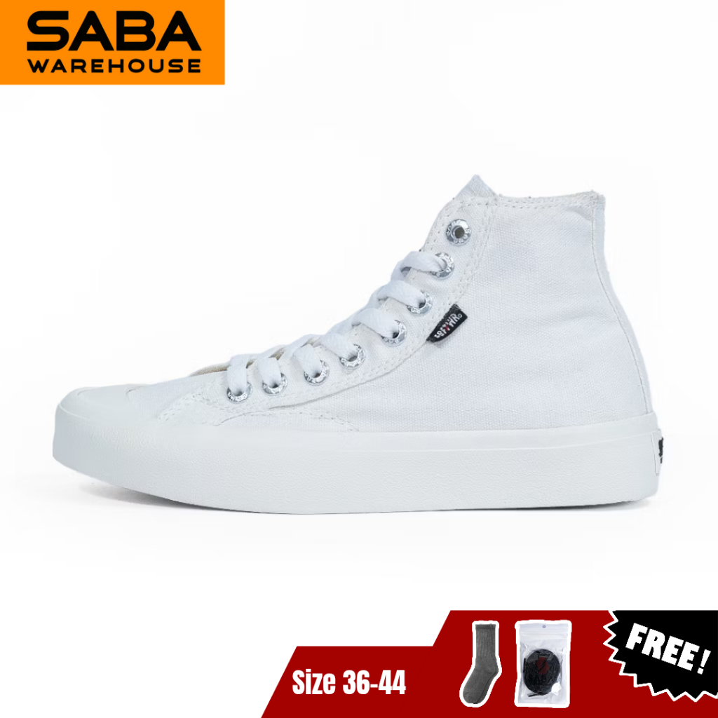 SABA Basic High Off White - Free Kaos Kaki + Tali - Sepatu Sneakers Casual Pria Wanita Original 100%