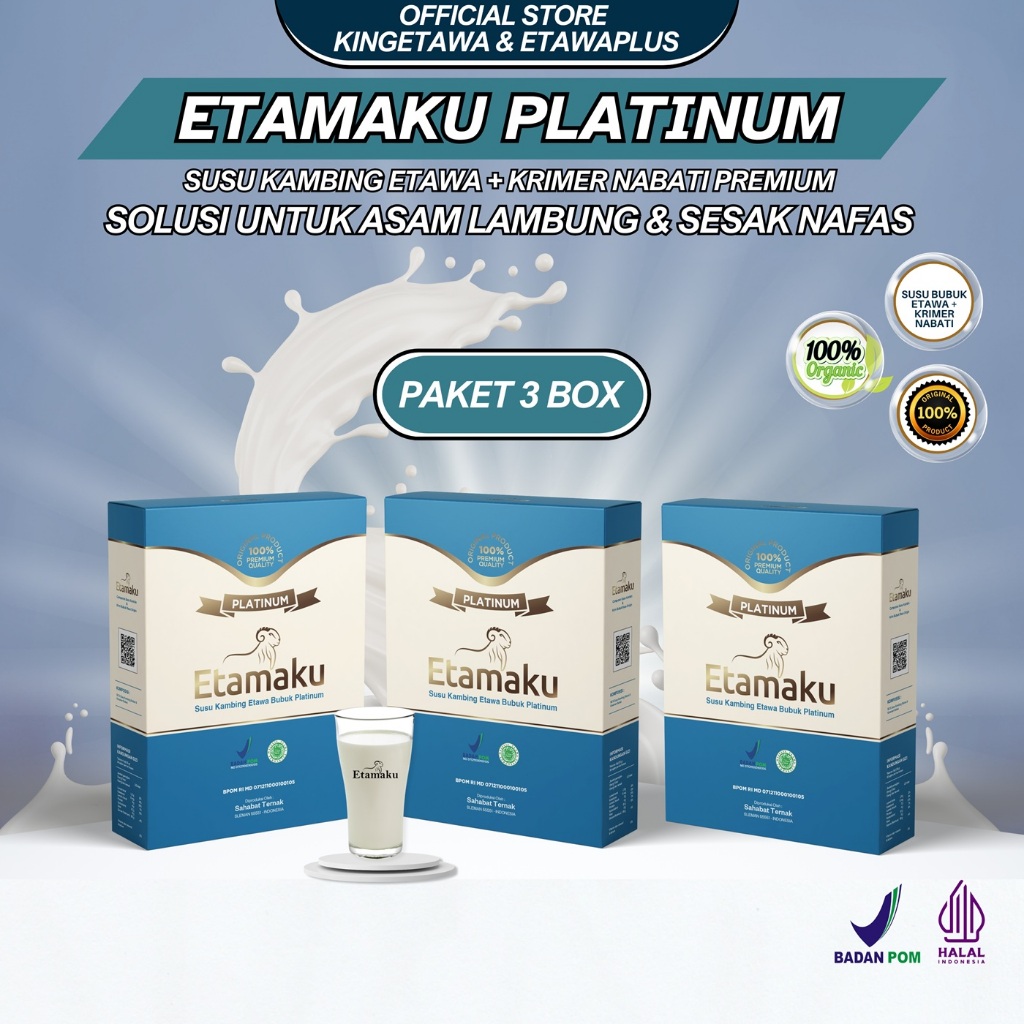 

Etamaku Platinum Susu Bubuk Kambing Etawa Untuk Keluhan Asam Lambung, Maagh, Nyeri Sendi Kemasan 250gram Paket 3 Box