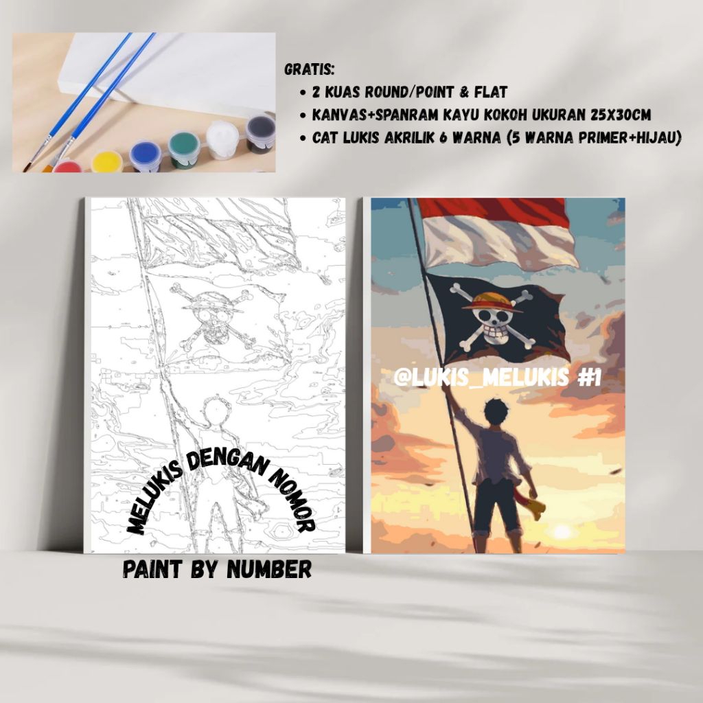 

Media Lukis Kanvas Paint by Number | Monkey D. Luffy | 25x30cm Free 2 kuas, Cat Lukis & spanram kayu