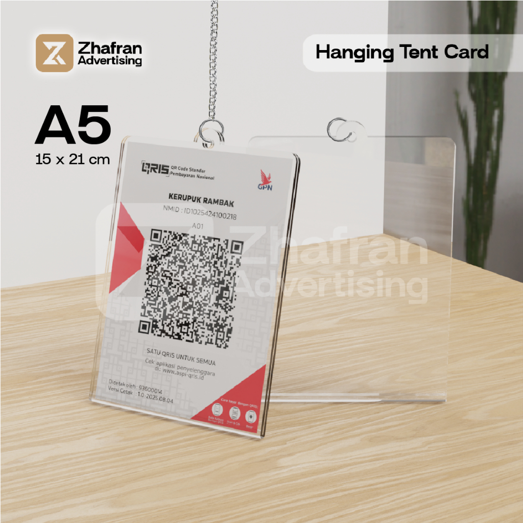 

Akrilik Tempat QRIS Gantung A5 Tent Card Akrilik Print 2 Sisi & Rantai / Acrylic Hanging Tent Card