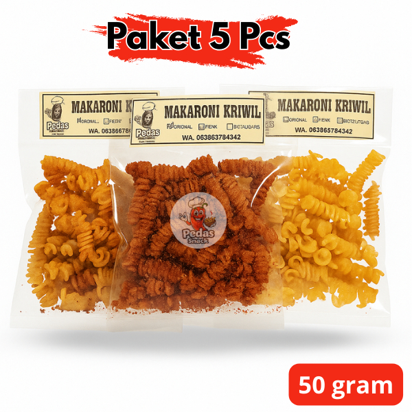 

5 pcs 50gr Makaroni Kriwil Pedas Garing–Snack Kering Kriuk|Original, Pedas, Extra Pedas PEDAS Snack