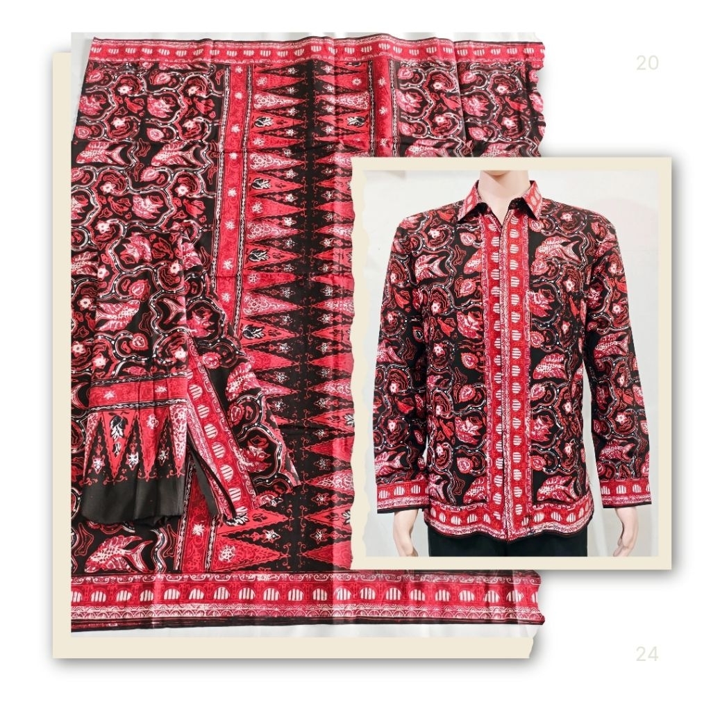 Kemeja dan Set Sarung Selendang Batik Jambi katun motif ikan hitam merah sarimbit (RIA LESTARI)