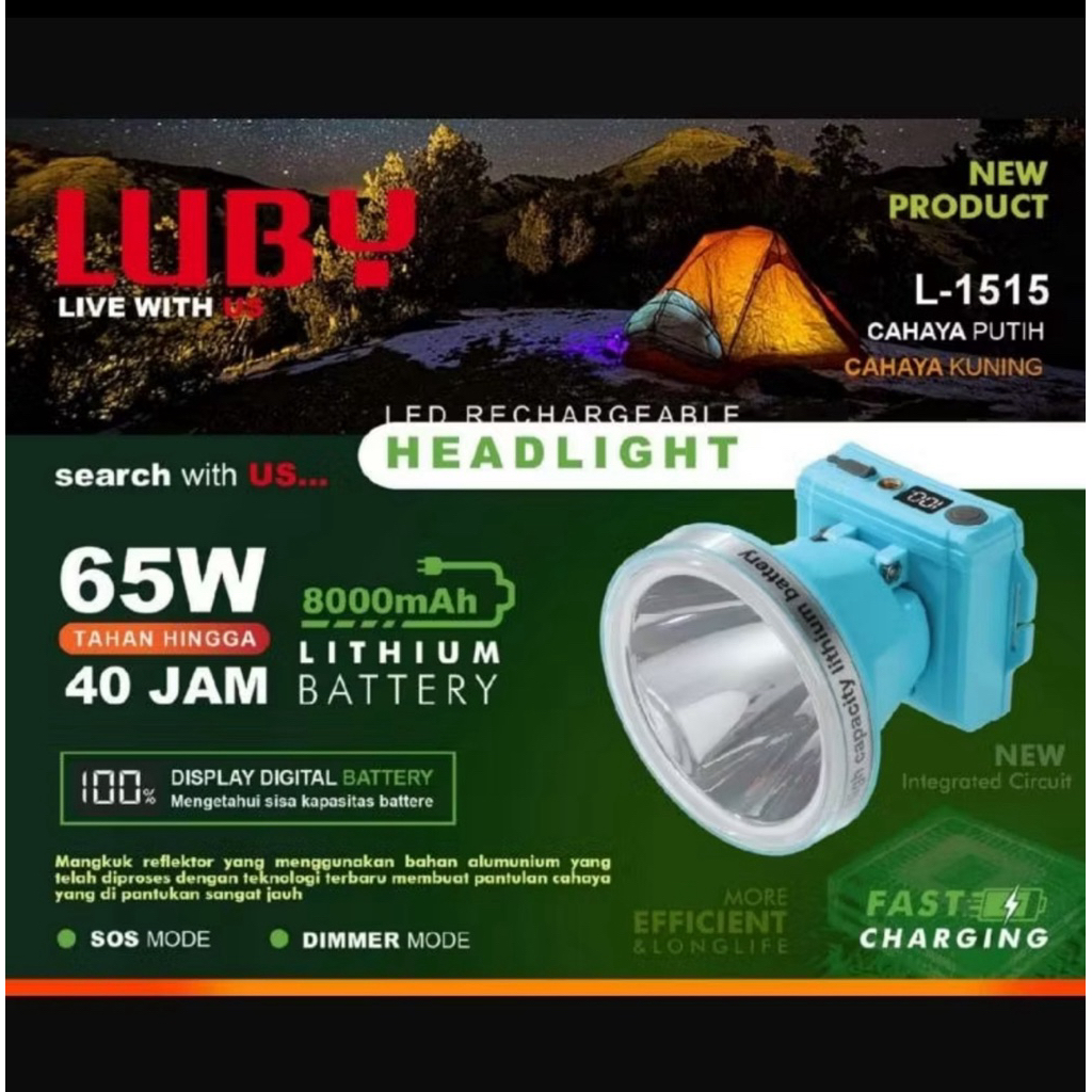 Luby Senter Kepala Anti Air Headlamp LUBY L 1515 65 Watt Cahaya Putih Super Terang