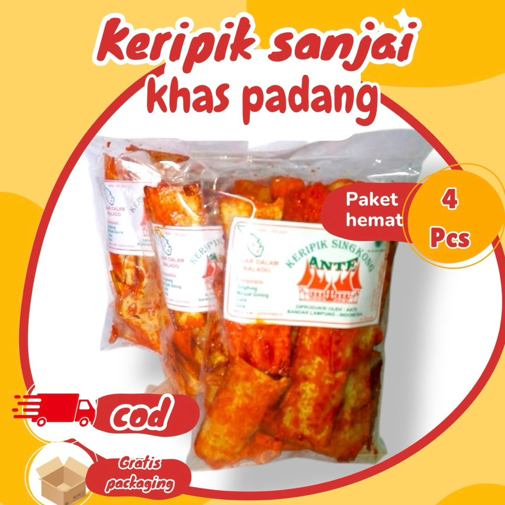 

PAKET HEMAT 4 pcs keripik singkong sanjay khas padang merek ANTE pedas manis