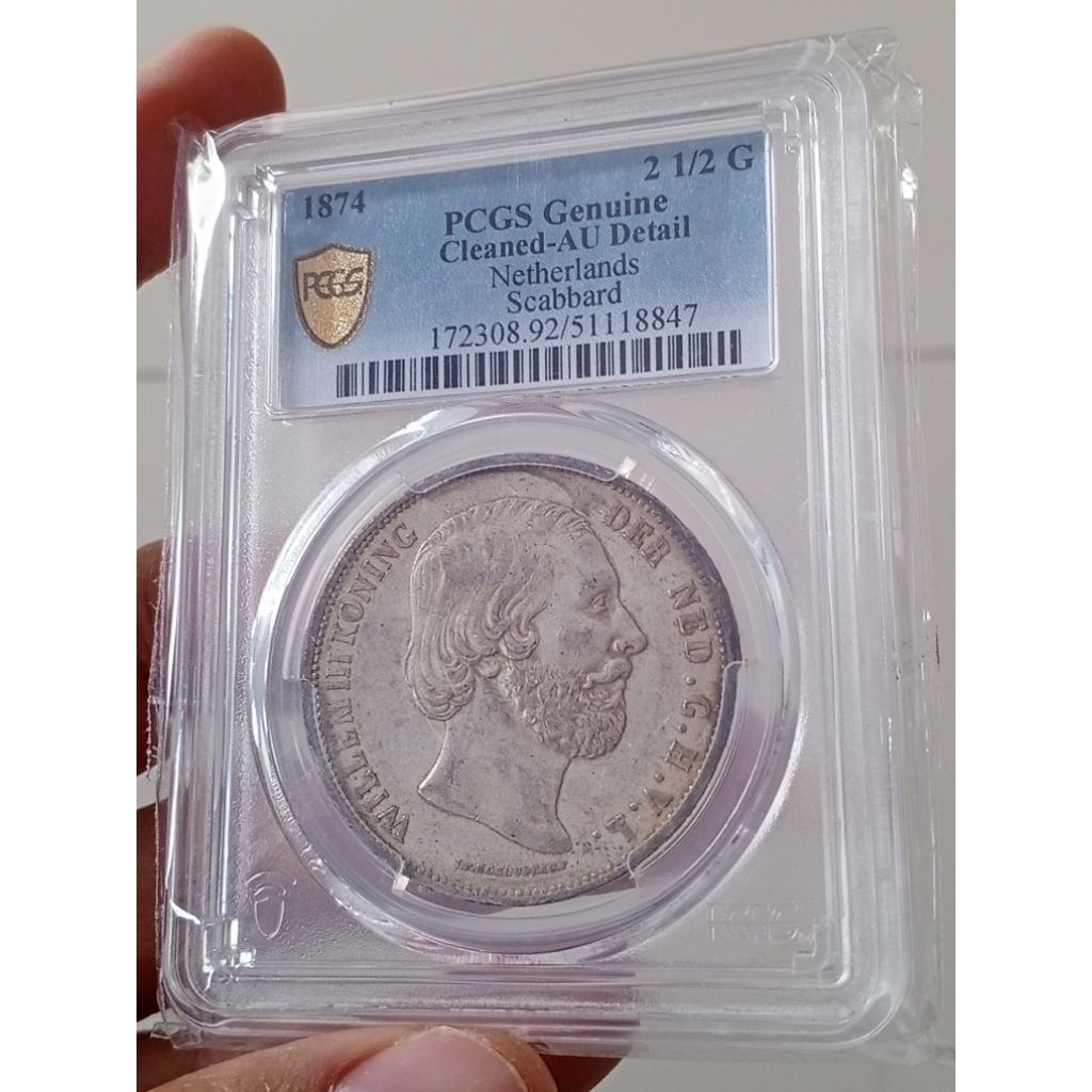 PCGS AU Detail 2,5 Gulden Willem 3 thn 1874
