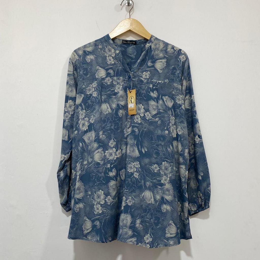 blouse atasan pakaian kemeja motif kembang bunga-bunga baju wanita kerja lengan panjang cewek peremp