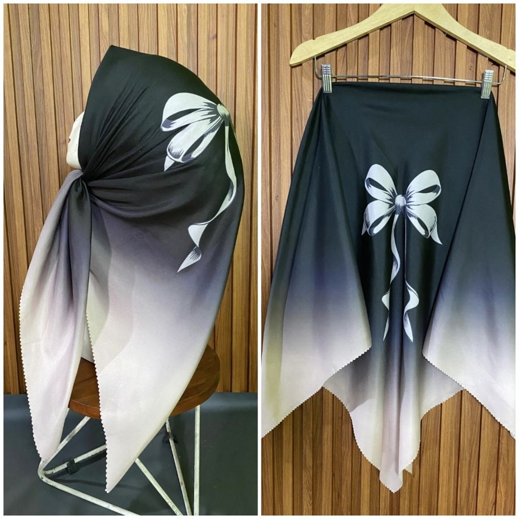 HIJAB SEGI EMPAT VOAL MOTIF PITA HITAM CREAM SUBLIME KODE 421