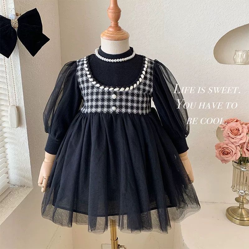 Dress Tweed Import Premium Anak Perempuan Usia 1-4 Tahun | Baju Lengan Panjang Balon Tile Kombinasi 