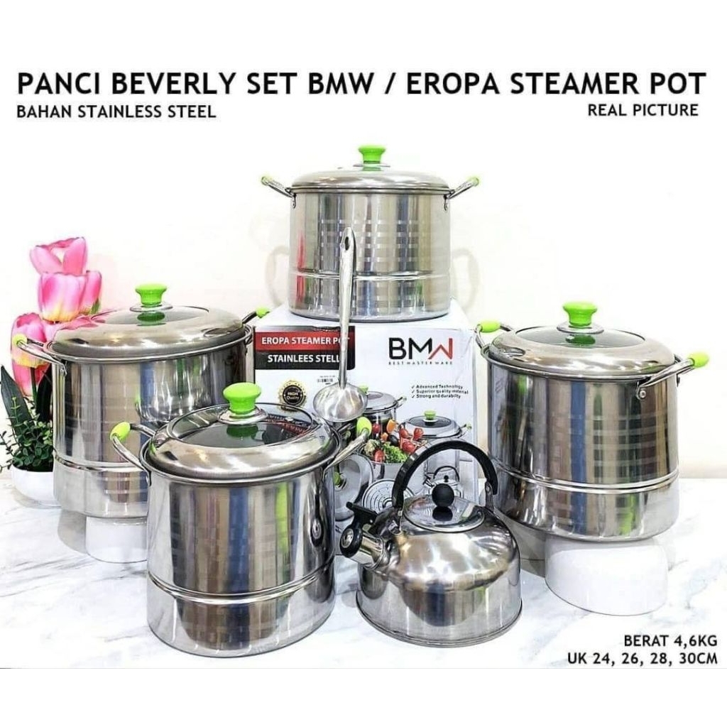 Panci Set Eropa Steamer Pot Teko Siul Stainless Steel BMW Tutup Kaca