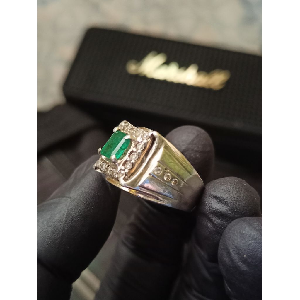 Cincin Pria Perak Batu Hijau Natural (Zamrud Colombia) + Zircon