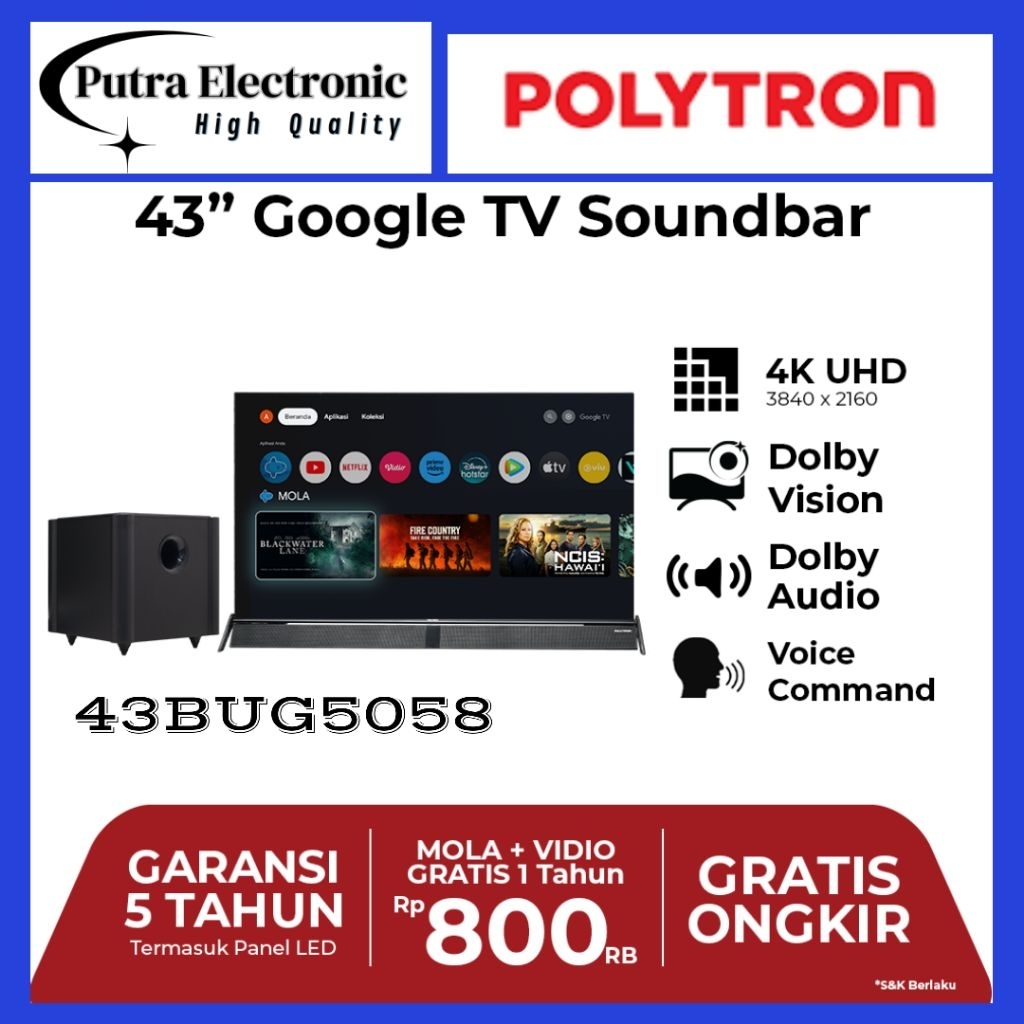 POLYTRON 43BUG5058 4K GOOGLE TV SOUNDBAR 43 INCH