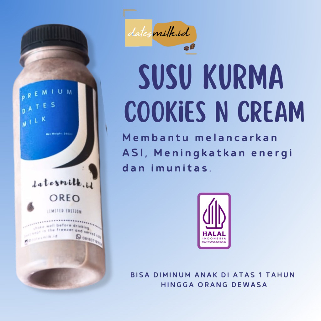 

Susu Kurma 250ml Rasa Cookies and Cream ASI Booster Menyusui Minuman Anak Minuman Sehat Minuman Kekinian