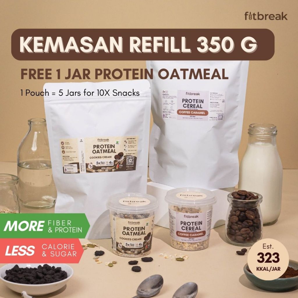 

Protein Oatmeal Kemasan Refill FREE 1 Jar FITBREAK. Pouch isi 350 g Lebih Hemat, Sehat, Simpel, Kenyang, Enak