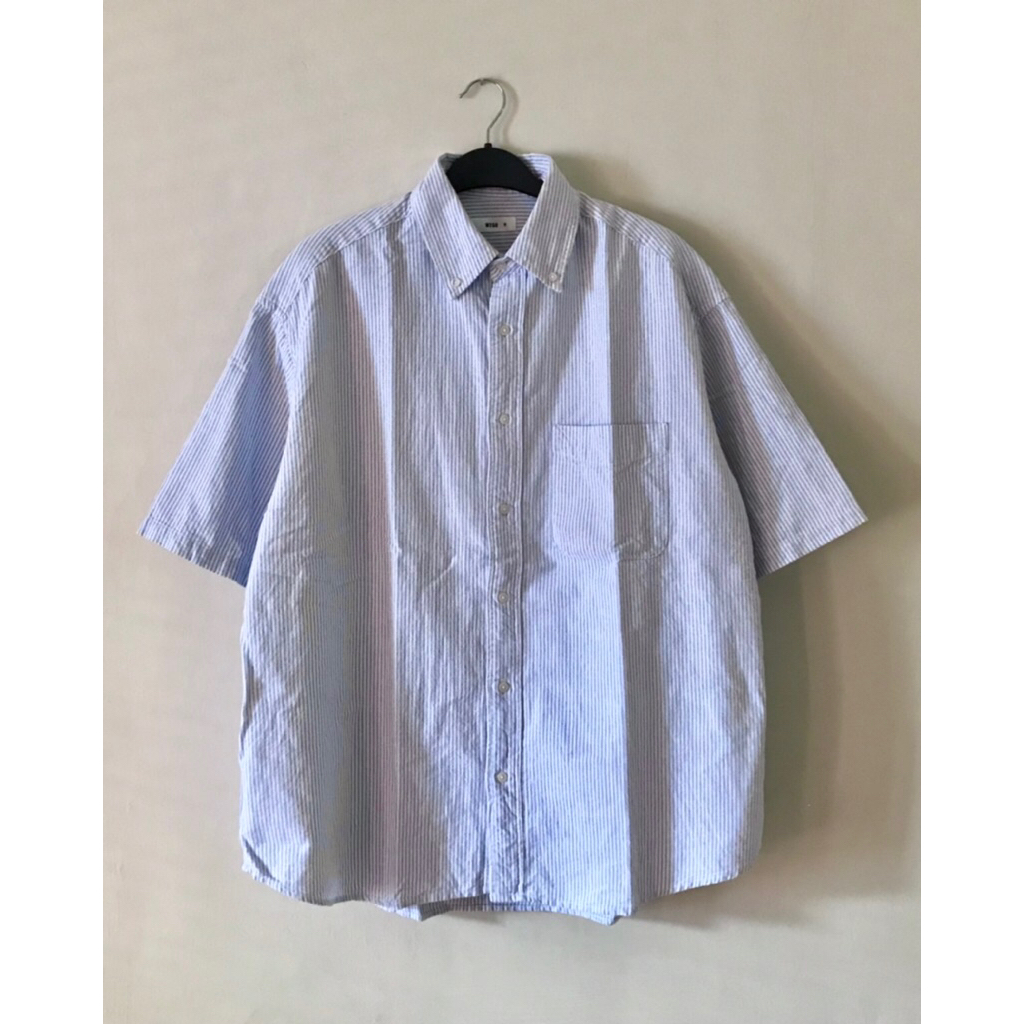 Wego Stripe Oversized Oxford Short Sleeve Shirt (Sky Blue Stripe)