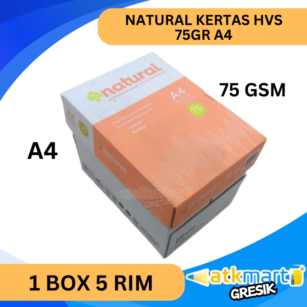 

PROMO NATURAL KERTAS HVS A4 75 GSM 1 BOX 5 RIM / HVS A4 75 GRAM 1 KARTON TERMURAH / 1 DUS HVS TEBAL