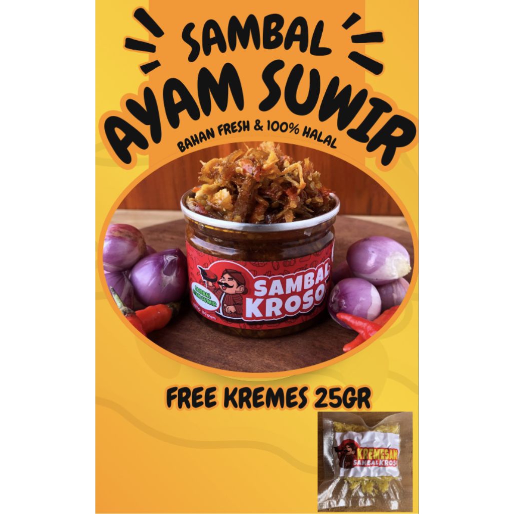 

KROSO. sambal ayam suwir 130ml free kremes 25gr