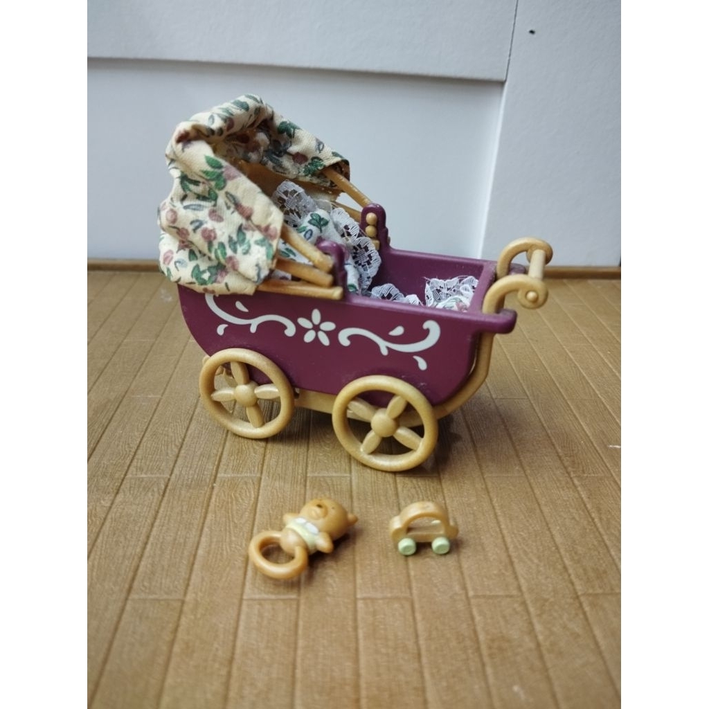 Sylvanian Families Pram Stroller Burgundy Rare Preloved -fashion-