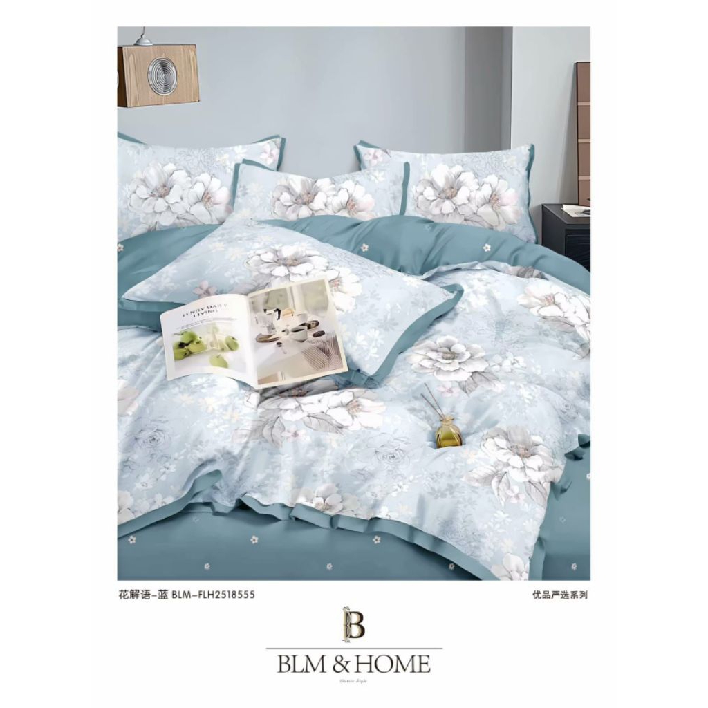 Sprei Tempahan Bahan Katun Jepang Motif Biru Bunga Putih