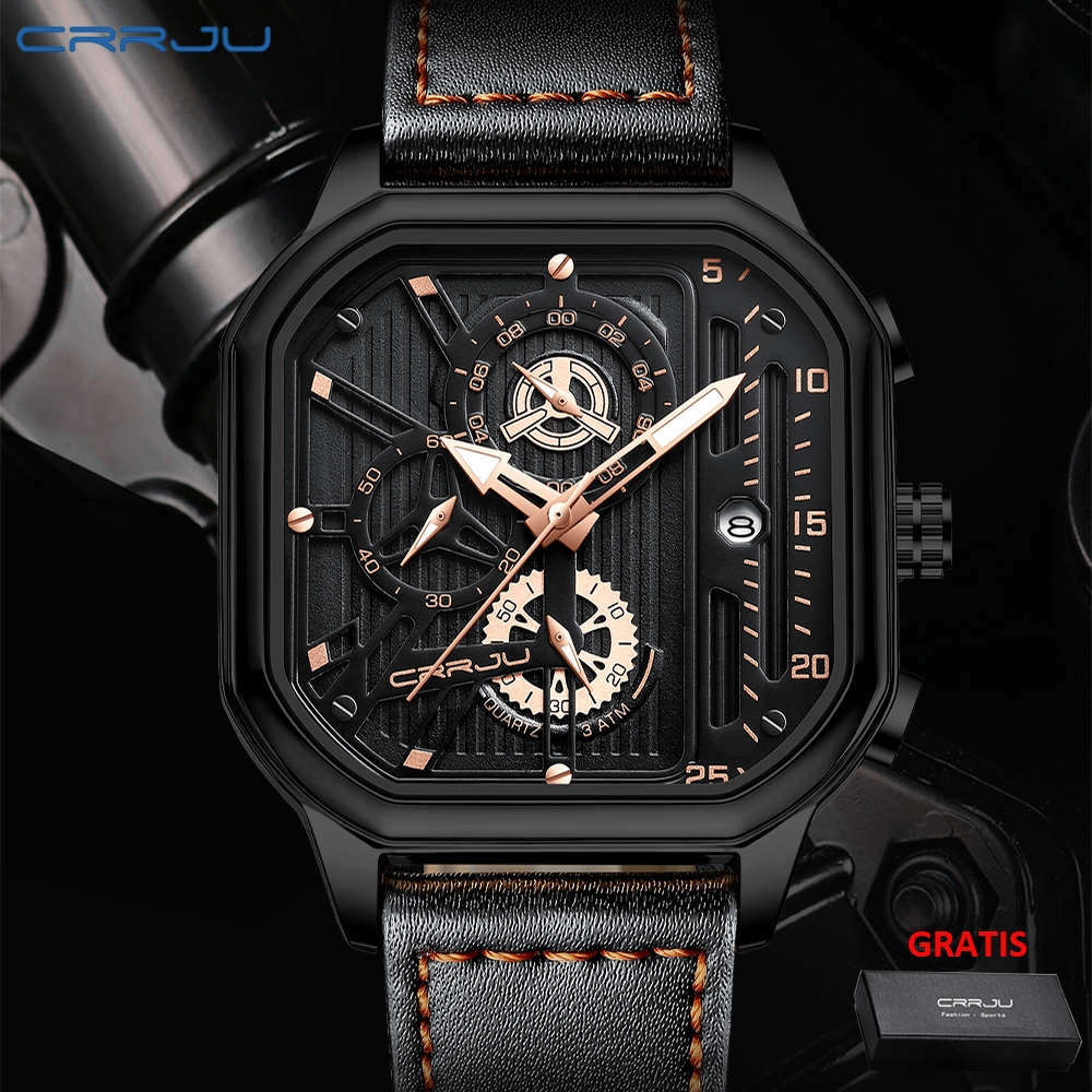 CRRJU Jam Tangan Pria Anti Air Keren Vintage Desain Kronograf Quartz Persegi Kulitdengan Kalender Be