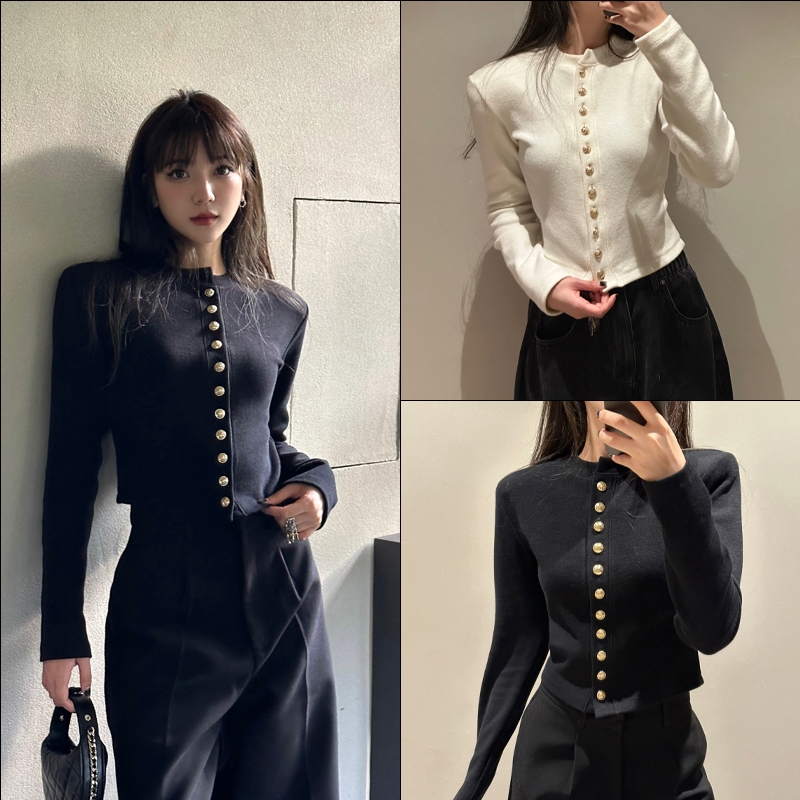 CTJEANS Hitam Wanita Kecil Beraroma Jaket Top Slim Fit Sweater Lengan Panjang Dilapisi Cropped Rajut