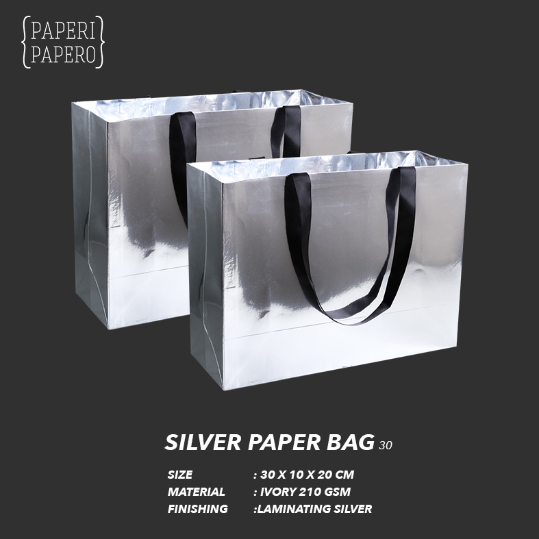 

Silver Paper Bag (30x10x20 cm) (1 Pcs) - Shopping Bag / Tas Kertas / Kantong Kertas Perak Metalik dengan Tali Pita Hitam