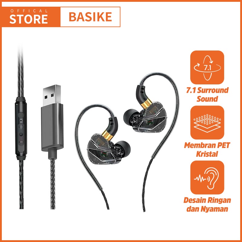 (HOT)BASIKE Headset Gaming Kabel USB Music In Ear Bass Handsfree for Ponsel Komputer iPad Switch PS4