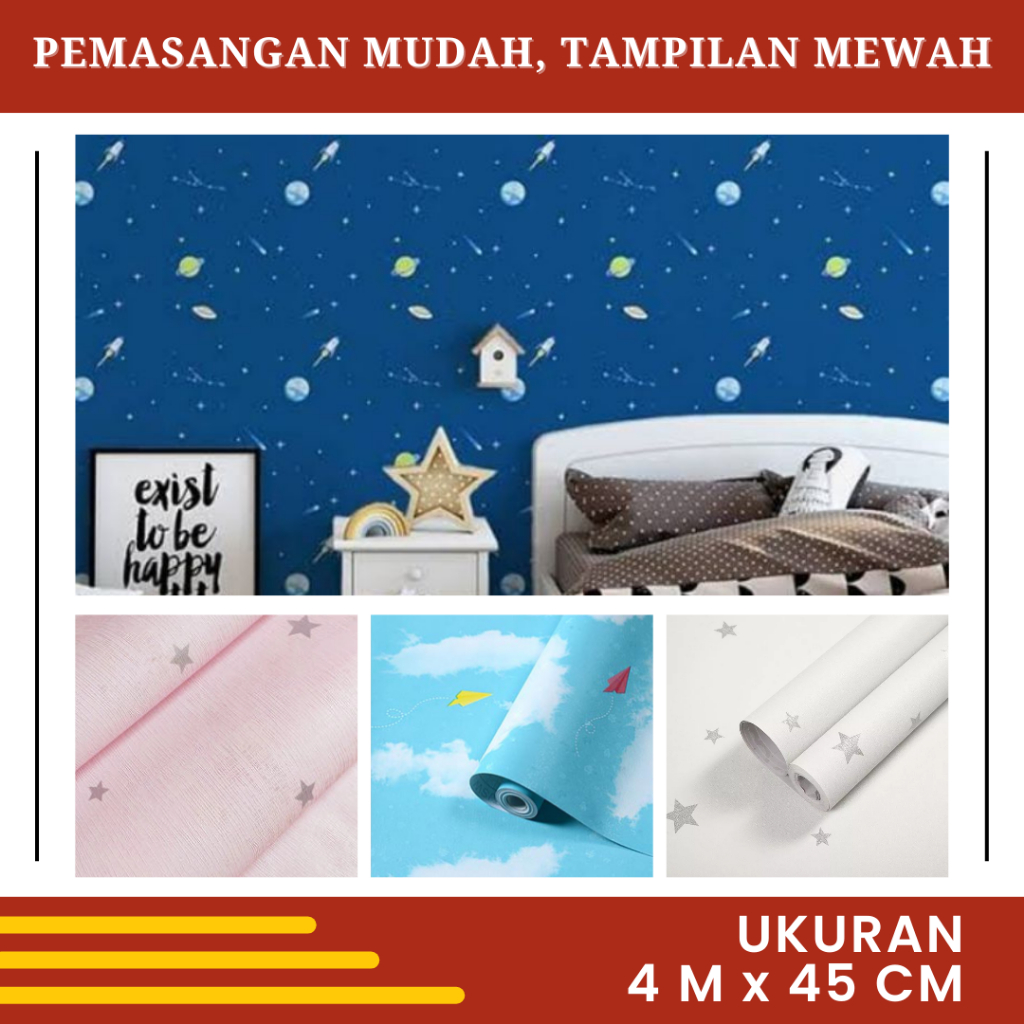 Wallpaper Stiker Dinding Walpaper Motif Langit Biru Bintang Premium Kamar Tidur Anak Laki-Laki