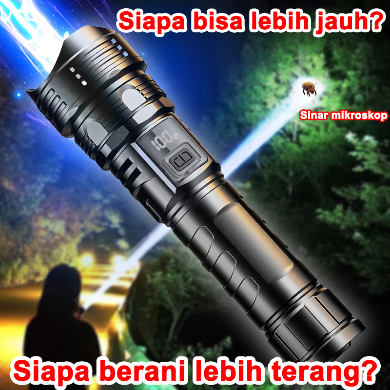 Senter LED Super Terang 50000 Lumens Jarak Jauh Ringan Tahan Air IPX4 Zoom USB/Type-C Rechargeable S