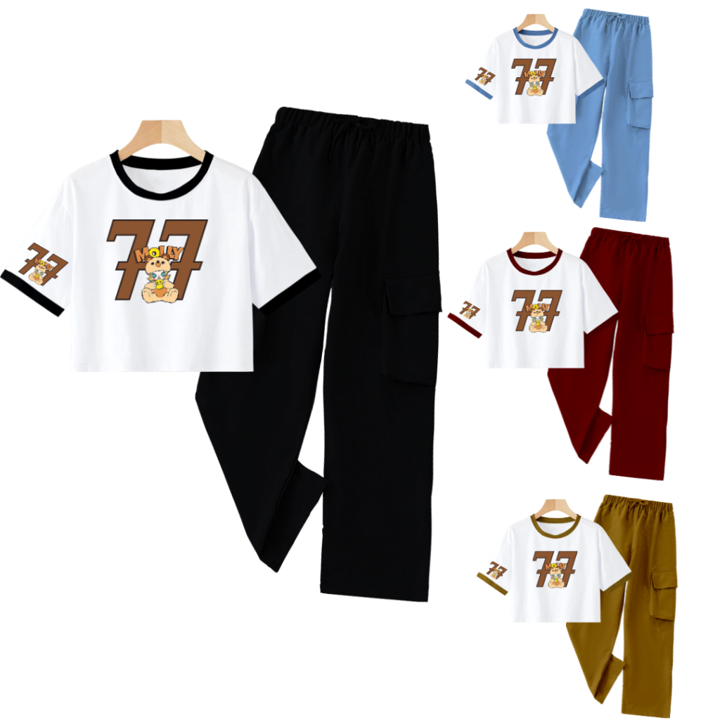 CLSTORE Setelan Anak Kaos Crop Celana Kargo 5-12 Tahun 77MOLY