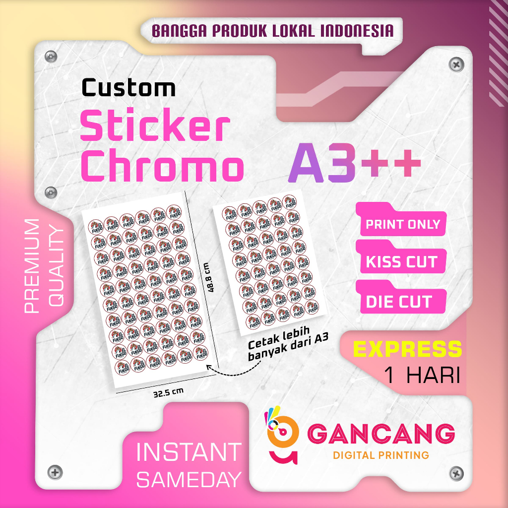 

Cetak Stiker Chromo A3++ 32.5 x 57 Cm | Full Color Kertas Glossy Doff Label Promosi Logo Murah Berkualitas