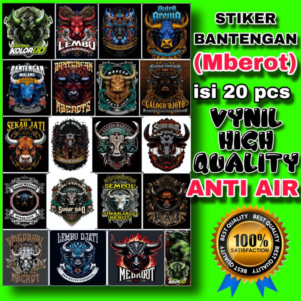 

STIKER BANTENGAN MBEROT ISI 20 PCS BAHAN VYNIL HIGH QUALITY ANTI AIR