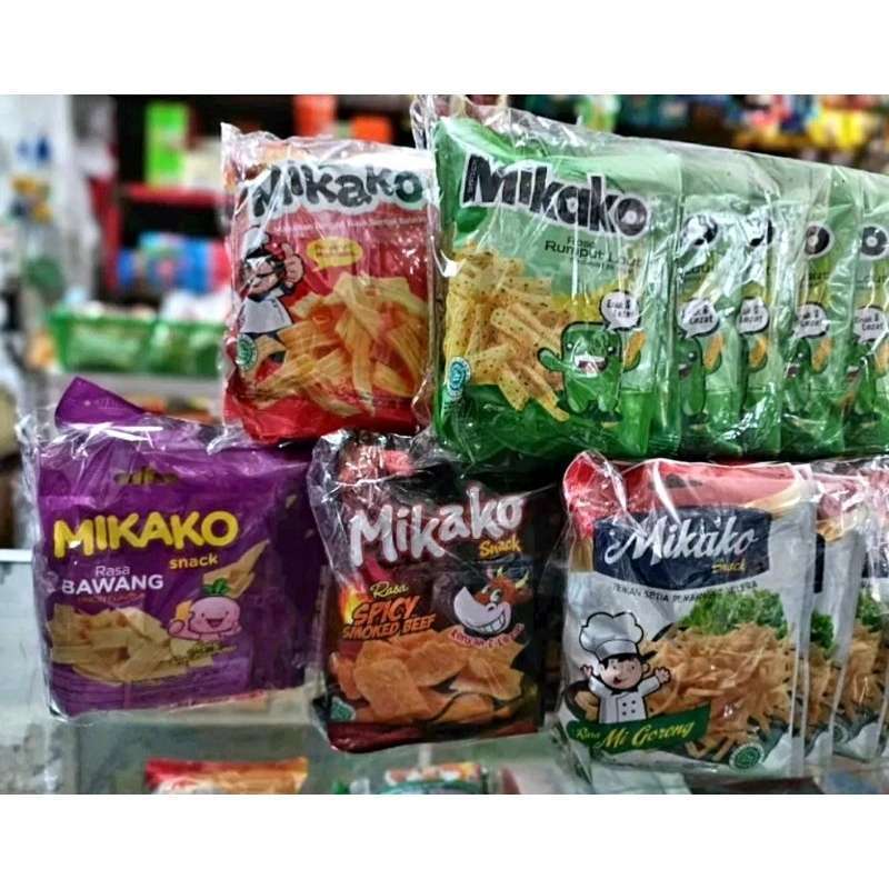 

SNACK ASIN / MIKAKO SNACK 18g 1 PACK ISI 10 BUNGKUS VARIAN AYAM GEPREK/AYAM BAWANG/BAWANG/MIE GORENG/RUMPUT LAUT/SAMBAL BALADO/SOSIS BAKAR/SMOCKED BEEF