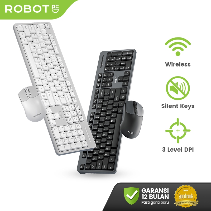 ROBOT Paket Keyboard dan Mouse Wireless 2.4G Silent Click 1600DPI Black And White KM3800 Original - 