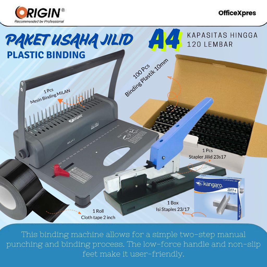 

Paket Usaha Jilid / Paket Usaha Toko Fotocopy / Mesin Jilid Spiral Plastik A4 MILAN + Stapler Jilid 23S17 COMBO + Isi Staples Jilid 23/17 + Lakban Kain Cloth Tape Hitam 2 inch + Spiral Plastik Hitam 3/8 (10mm) A4 (100 Pcs)