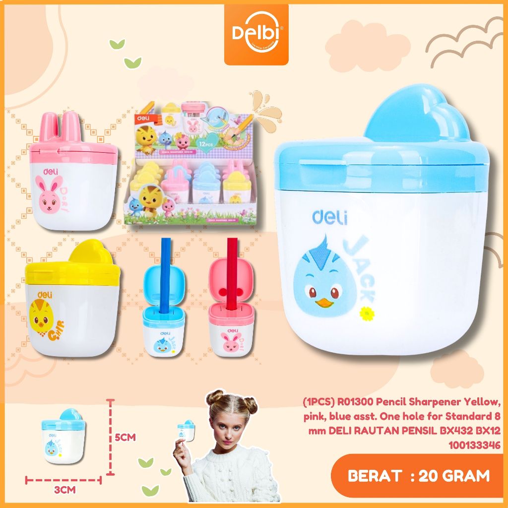 

Deli Rautan Pensil satu lubang 8mm 3 Warna (1PCS) ER01300 PENCIL SHARPENER YELLOW,PINK,BLUE ASST . ONE HOLE-FOR STANDARD PENCIL 8MM