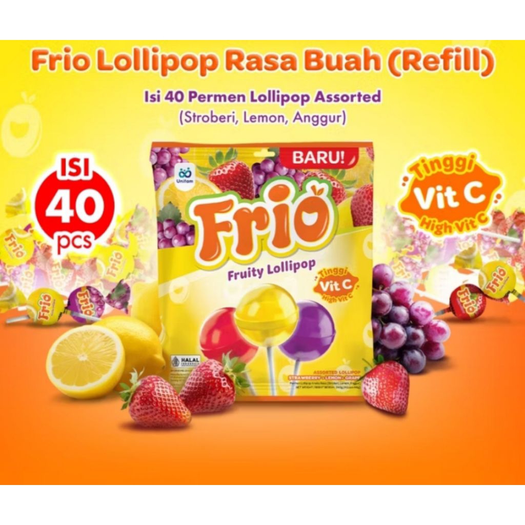 

FRIO Fruitty Lollipop Refill (1Bag: 40pcs) - Permen Lolipop Refill Rasa Anggur, Lemon, Strawberry / Permen Rasa Buah Segar / Permen Buah Tinggi Vit C / Permen Rasa Buah / Permen Lollipop Buah / Jual Permen Lollipop Rasa Buah / Permen Tinggi Vit C