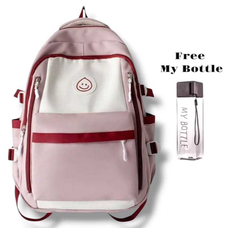 Tas Ransel Wanita Remaja Kekinian Warna Pink Putih + Free My Bottle | Backpack Sekolah SMP SMA Kulia