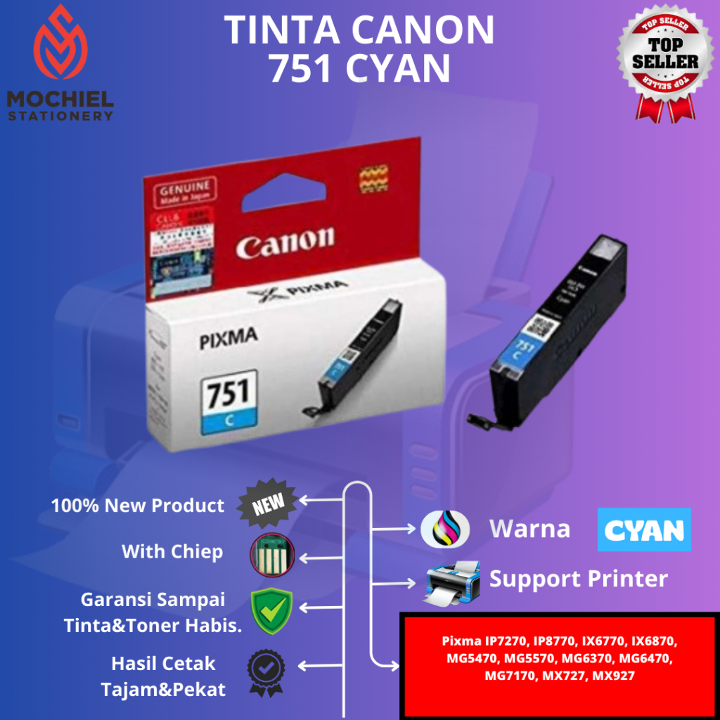 Cartridge Tinta Canon CLI 751 Cyan Printer Pixma IP7270 IP8770 IX6770 IX6870