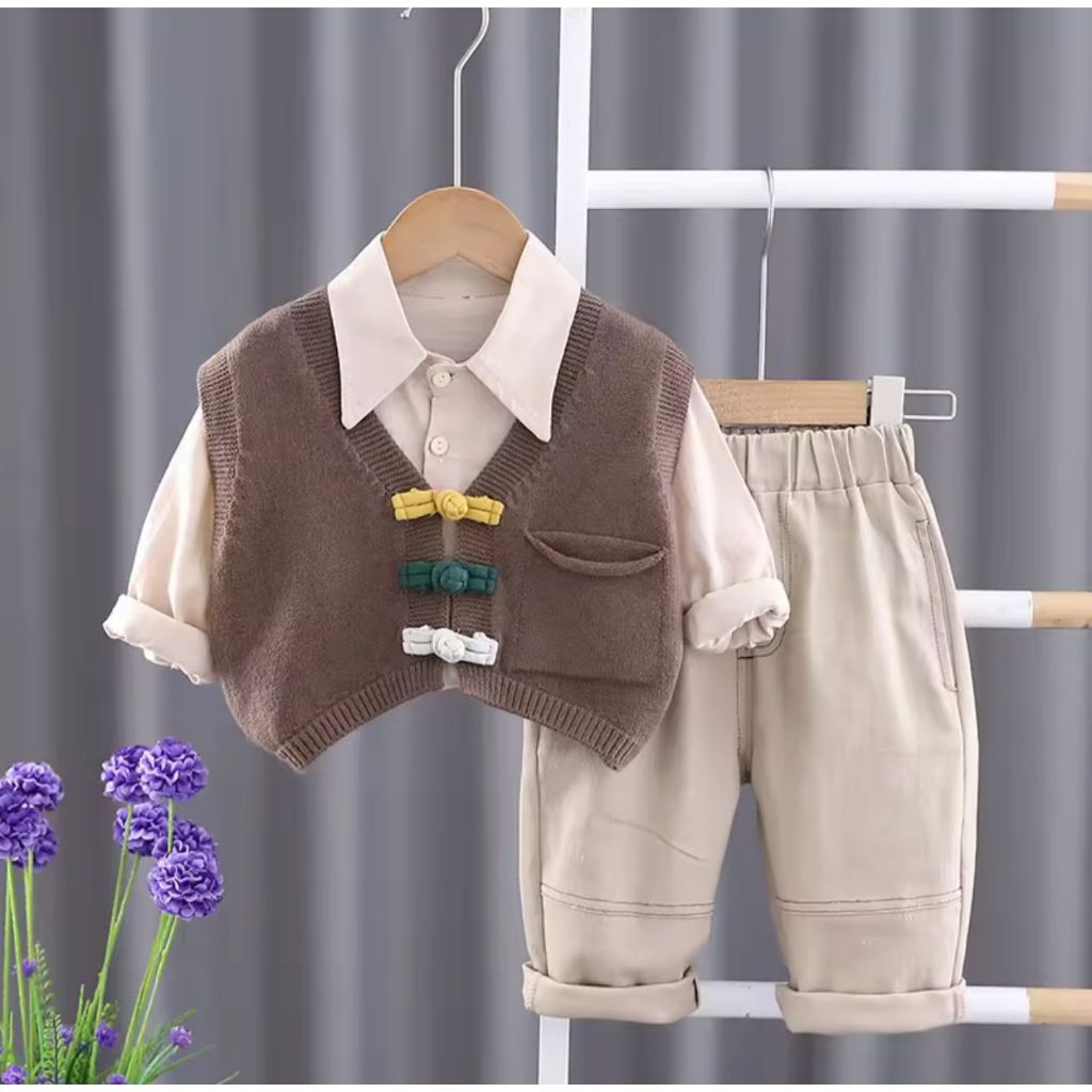 Setelan 3in1 Kemeja Rompi Rajut Celana Chinos Anak Laki Laki Usia 1-5 Tahun Pakaian Rajut Anak Laki 