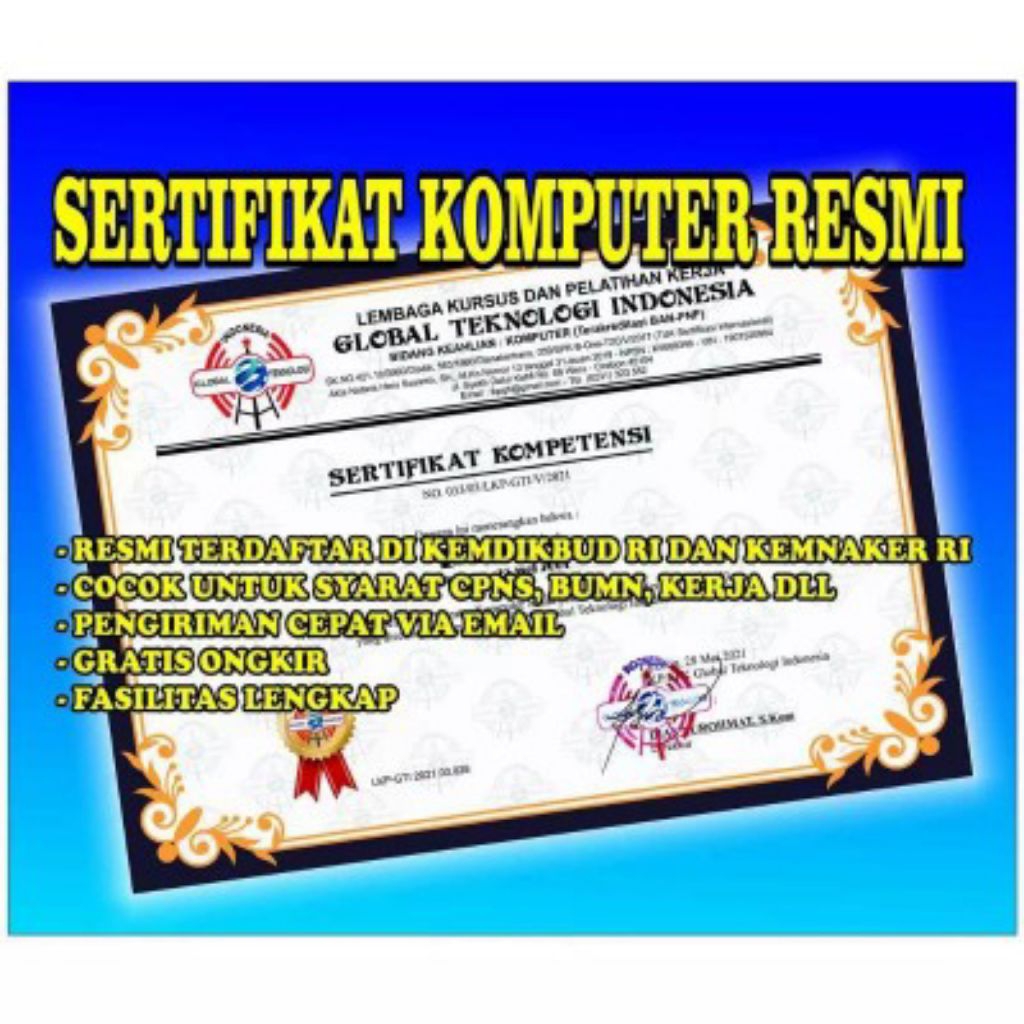 

SERTIFIKAT KOMPUTER RESMI TERDAFTAR DI KEMDIKBUD RI