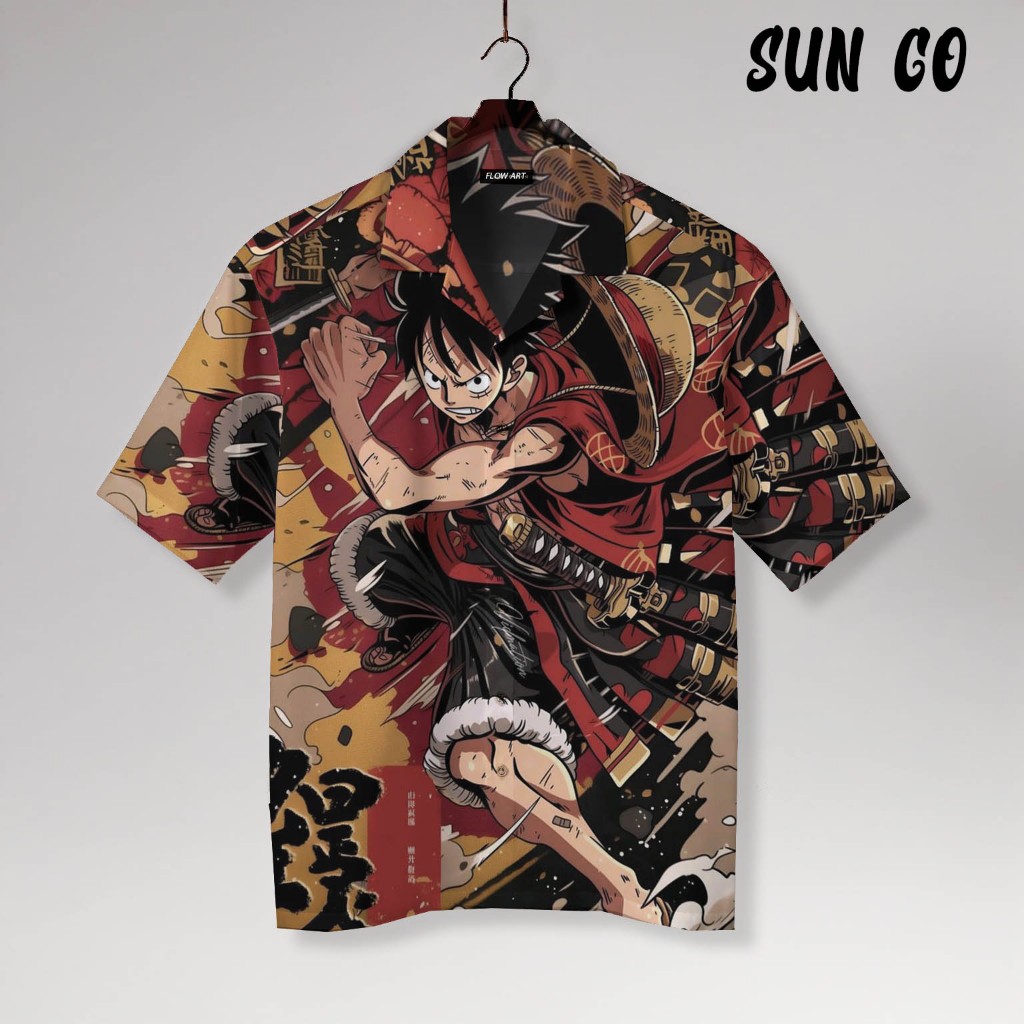 SUN GO Kemeja Anime One Piece Luffy Wano - Baju Pria Samurai Style Lengan Pendek | SG61