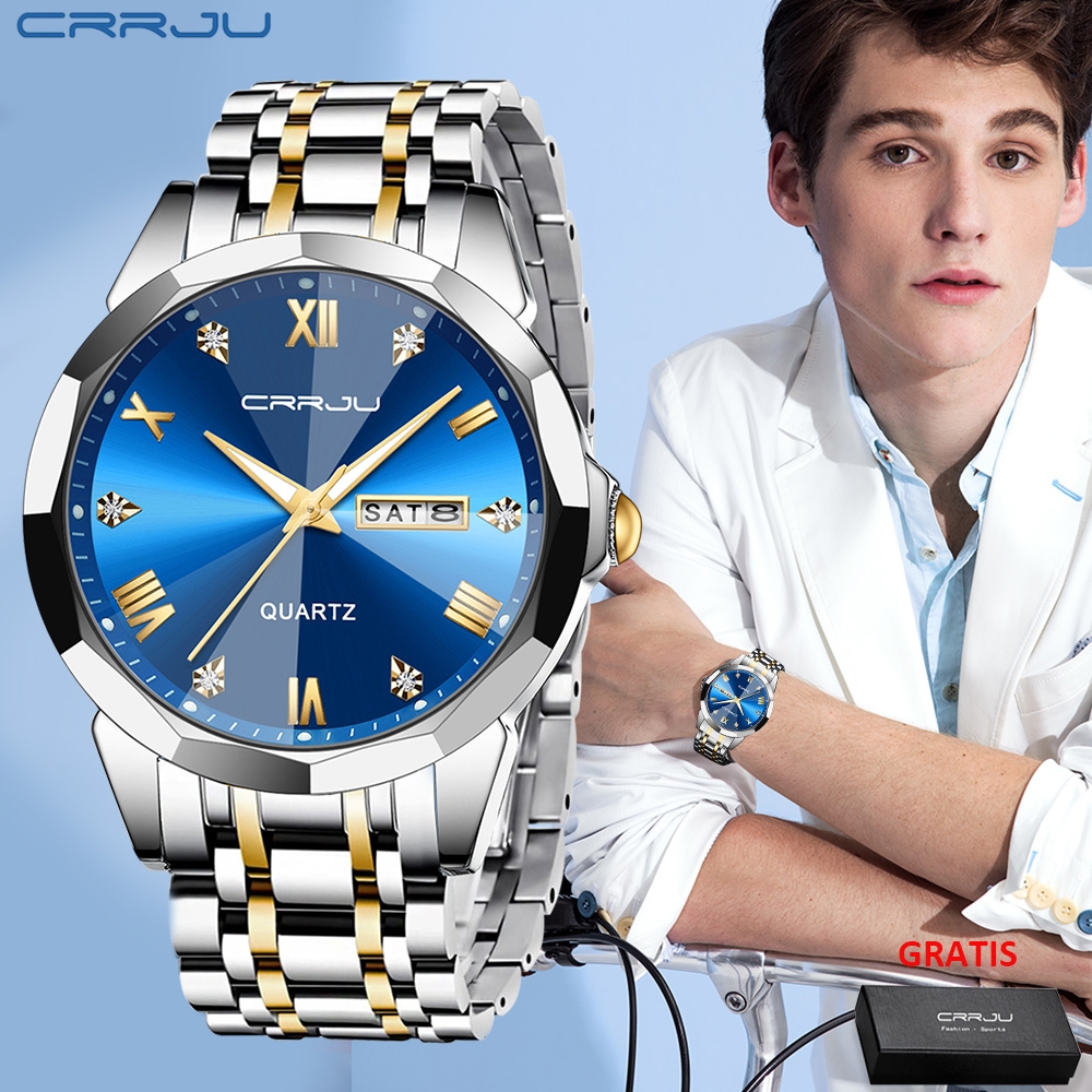 CRRJU Jam Tangan Pria Anti Air Keren Quartz Dengan Tampilan Hari Tipis Arloji Olahraga 5023