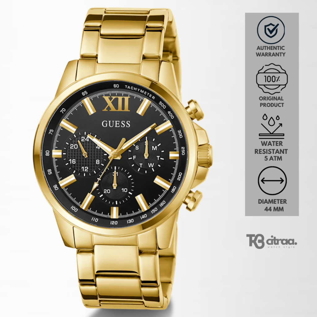 Jam Tangan Pria Guess Walker Multifunction Chronograph Gold Tone Stainless Steel Black Dial Mewah Sp