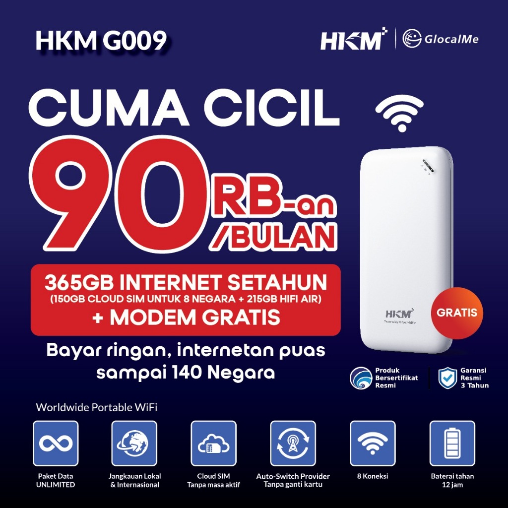 Modem Mifi HKM G009 Worldwide Portable Wifi Internet Korea Selatan
