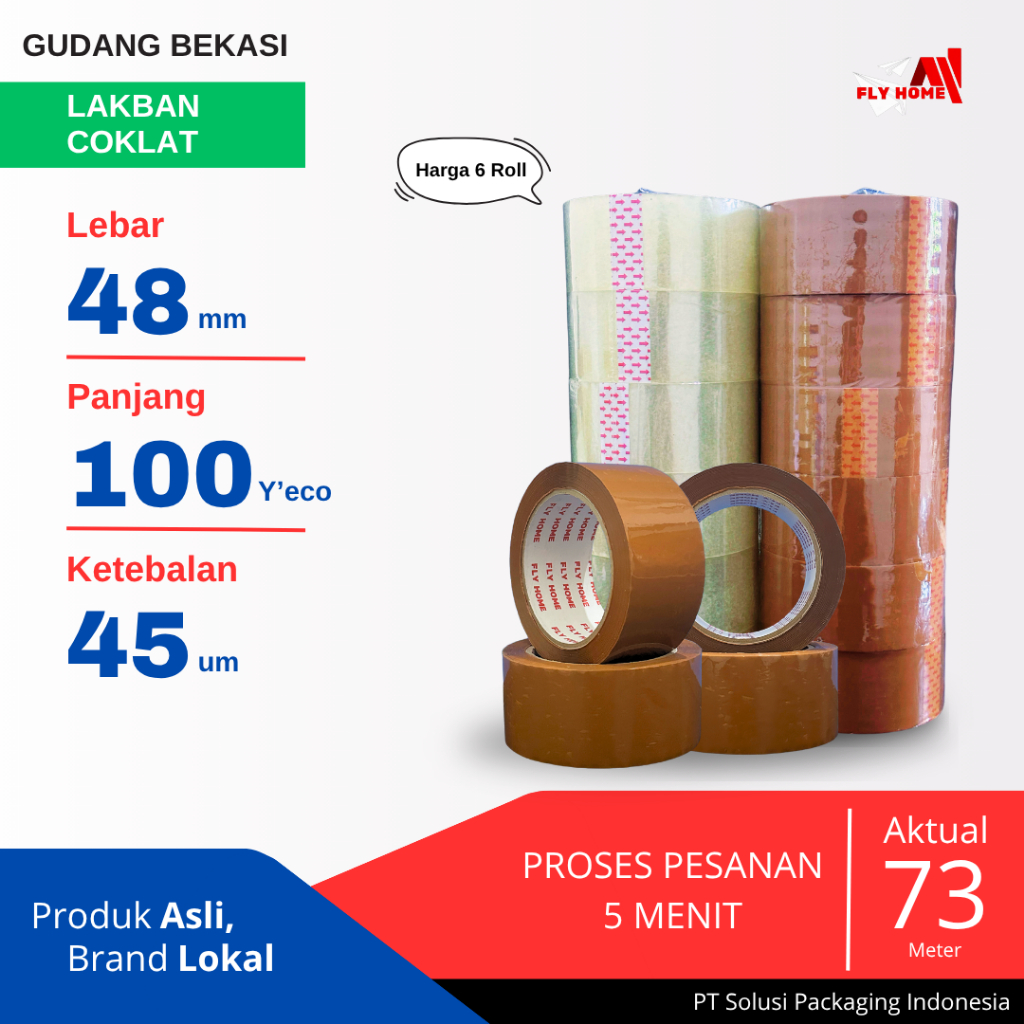 

FLYHOME 6Roll Lakban Coklat 48x100Y 2inchi Solasi Uk Besar ECO 100 yard