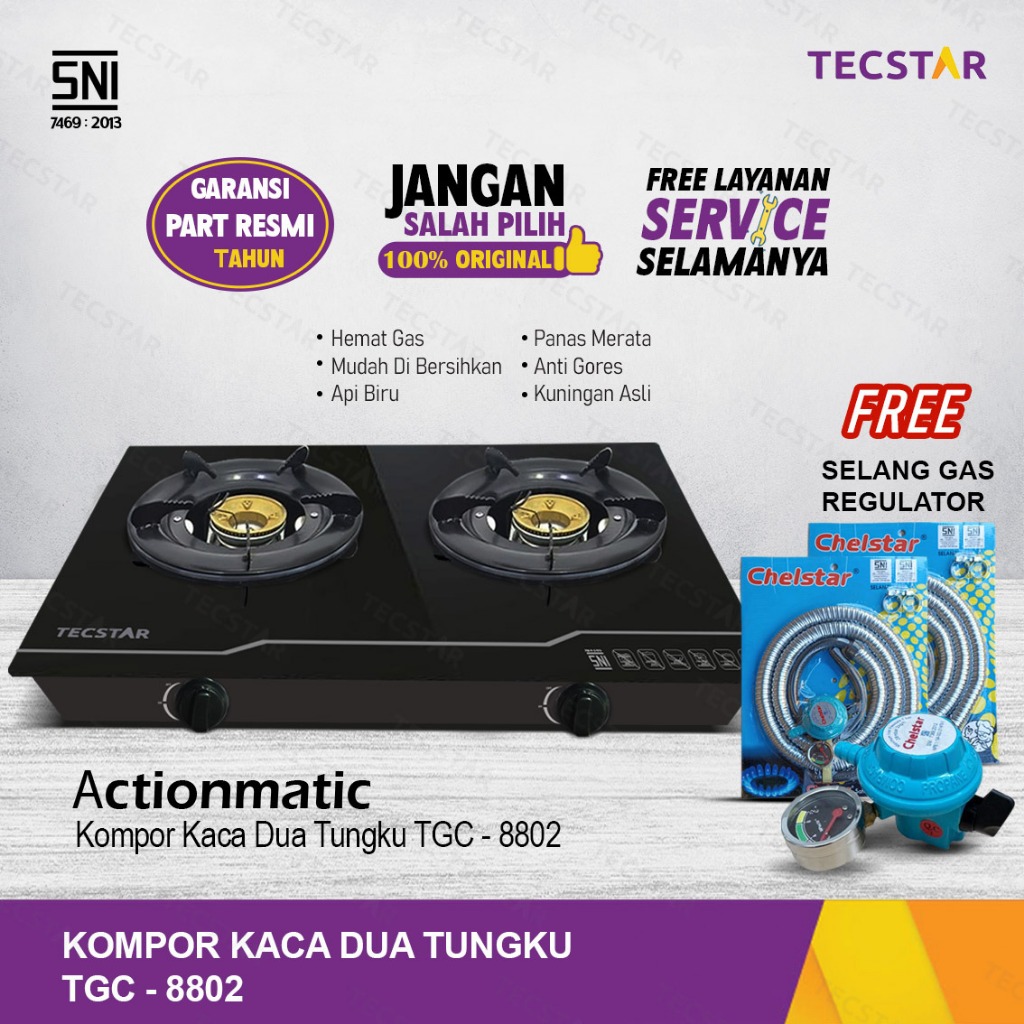 TECSTAR Kompor Gas Kaca 2 Tungku TGC-8802 Actionmatic SNI Free Selang Regulator Hemat Gas Optimax