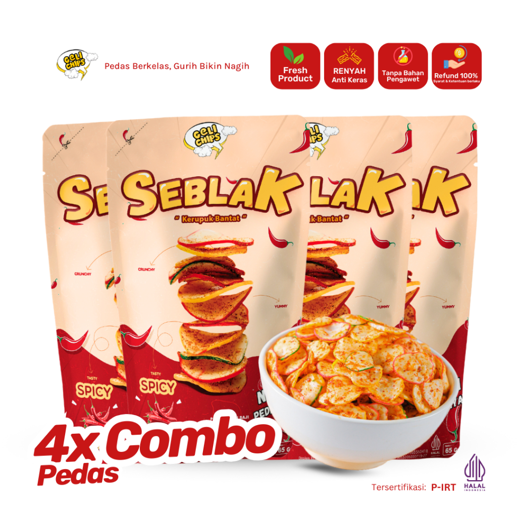 

GELICHIPS - Paket Combo 4pcs Seblak Kering Pedas Daun Jeruk Gurih Renyah 65gr