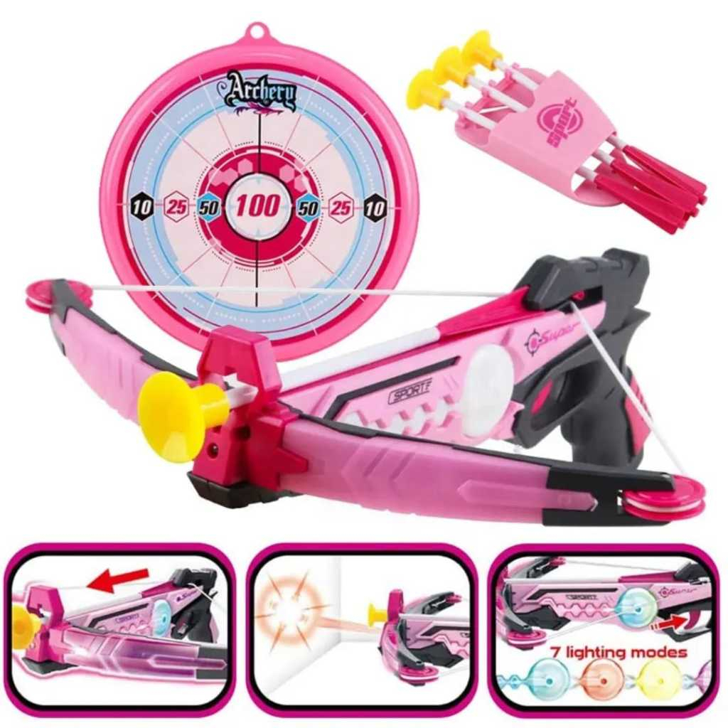 Cross Bow Set Light Up Pink - Mainan Busur dengan Lampu LED & Sinar Inframerah - Sport Series - Berk