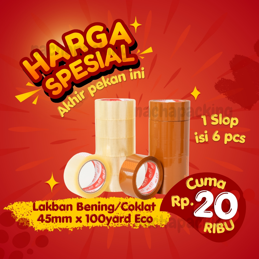

SLOP 6 ROLL Lakban Bening 45mm x 100 Yard - Lakban Coklat 45mm x 100 Yard Ekonomis ALEO